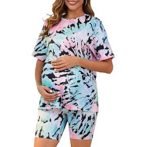 Women Maternity Set Bike Shorts Set Tie Dye Short Sleeve 2 Piece Pregnancy Pajama Outfits Sports Lounge