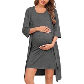 SWOMOG Women Maternity Nursing Gown and 3/4 Sleeve Robe Set Labor Delivery Nightgown Breastfeeding Hospital Bathrobe