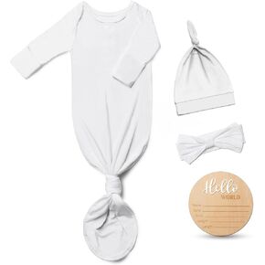 Hello World Newborn Knotted Gown 0-3 Months, Coming Home Outfit Baby Bamboo Viscose Sleeper with Hat,Headband,Wooden Sign