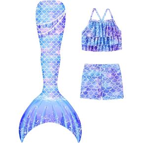 Girls Tankini Swimsuit 3 Piece Mermaid Bathing Suit Kids Ruffle Top with Shorts Fish Tail Set Swimwear