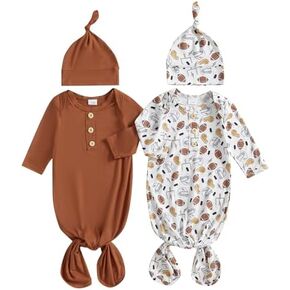 woshilaocai 2 Pack Baby Boy Girl Gown Sleeper Newborn Knotted Nightgown and Hat Set Infant Sleepwear