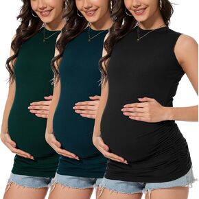 Smallshow Women's Maternity Tank Top Crew Neck Sleeveless Pregnancy Clothes 3 Pack
