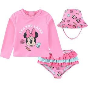 Disney Baby Girls Minnie Mouse UPF 50+ Rash Guard, Bikini Bottom, & Hat 3-Piece Swimsuit Set for Infants