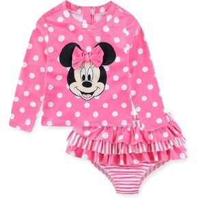 Disney Minnie Mouse Baby Girls UPF 50+ Long Sleeve Rash Guard & Bikini Bottom Two Piece Swimsuit Set for Infants
