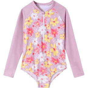 Girls Long Sleeve Swimsuit Zipper Rash Guard One Piece Bathing Suits UPF 50+ Sun Protection Swimwear 2-10 Years