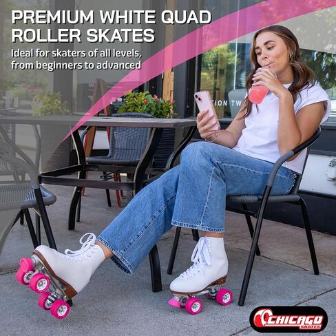 CHICAGO Skates Premium White Quad Roller Skates for Girls and Women Beginners Classic Adjustable High-Top Design for Indoor or Outdoor Skates and Roller Derby in Kuwait