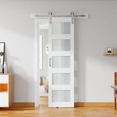40'' x 84'' Glass Barn Door and 7 Ft Brushed Nickel Hardware Kit Included, MDF White Barn Door Slab with Frosted Glass, PVC Surface, Combined with Handle and Floor Guide-Assembly Required in Kuwait