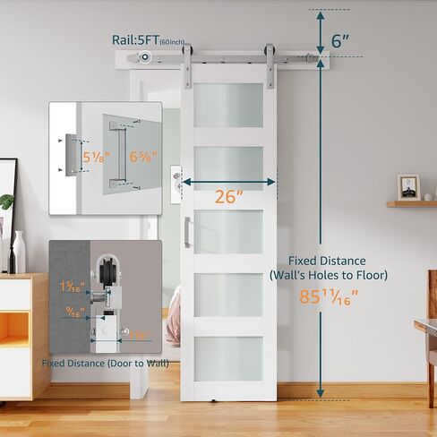 40'' x 84'' Glass Barn Door and 7 Ft Brushed Nickel Hardware Kit Included, MDF White Barn Door Slab with Frosted Glass, PVC Surface, Combined with Handle and Floor Guide-Assembly Required in Kuwait