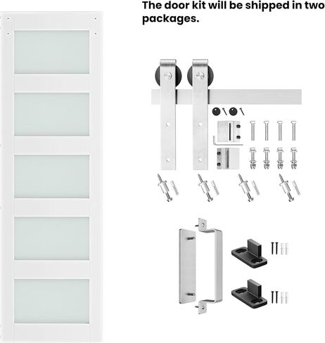 40'' x 84'' Glass Barn Door and 7 Ft Brushed Nickel Hardware Kit Included, MDF White Barn Door Slab with Frosted Glass, PVC Surface, Combined with Handle and Floor Guide-Assembly Required in Kuwait