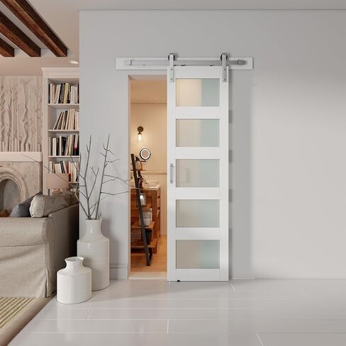 40'' x 84'' Glass Barn Door and 7 Ft Brushed Nickel Hardware Kit Included, MDF White Barn Door Slab with Frosted Glass, PVC Surface, Combined with Handle and Floor Guide-Assembly Required in Kuwait