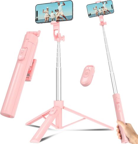 Selfie Stick Travel Tripod for Cell Phone with Remote Control and Phone Holder, Extendable Selfie Stick for iPhone, iPhone Tripod for Video Recording, 63 Inch, Black in Kuwait