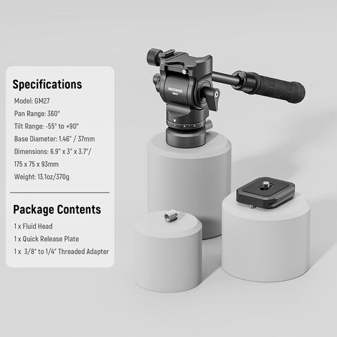 NEEWER Tripod Fluid Head with +/-10° Leveling Base(37mm Dia.), Metal Pan Tilt Head with Arca Type QR Plate, Telescopic Handle for Compact Video Camera DSLR Camera, Max Load 8.8lb/4kg, GM27 in Saudi Arabia