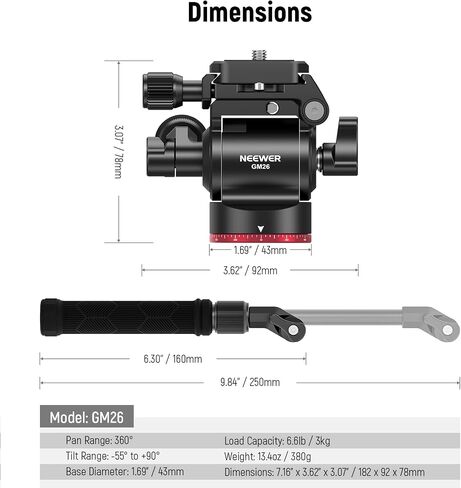NEEWER Tripod Fluid Head with +/-10° Leveling Base(37mm Dia.), Metal Pan Tilt Head with Arca Type QR Plate, Telescopic Handle for Compact Video Camera DSLR Camera, Max Load 8.8lb/4kg, GM27 in Saudi Arabia