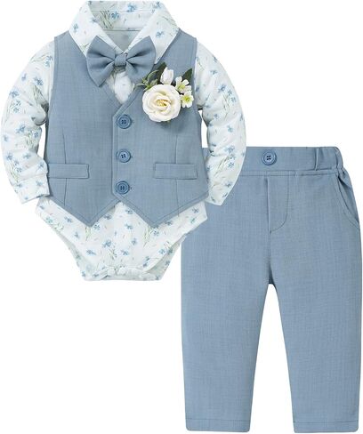 Coco&RARA Baby Boy Clothes Suits Infant Tuxedo Gentleman Outfits, Formal Dress Shirt+Vest+Corsage+tie+Pants Baby Suit Sets in Kuwait