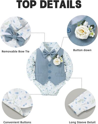 Coco&RARA Baby Boy Clothes Suits Infant Tuxedo Gentleman Outfits, Formal Dress Shirt+Vest+Corsage+tie+Pants Baby Suit Sets in Kuwait