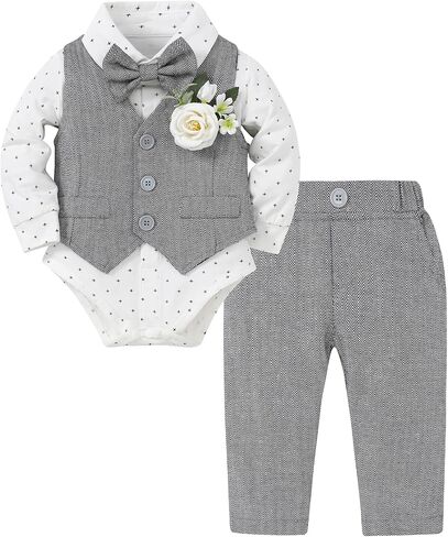 Coco&RARA Baby Boy Clothes Suits Infant Tuxedo Gentleman Outfits, Formal Dress Shirt+Vest+Corsage+tie+Pants Baby Suit Sets in Kuwait