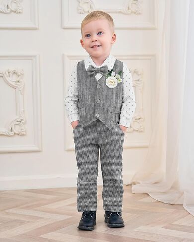 Coco&RARA Baby Boy Clothes Suits Infant Tuxedo Gentleman Outfits, Formal Dress Shirt+Vest+Corsage+tie+Pants Baby Suit Sets in Kuwait
