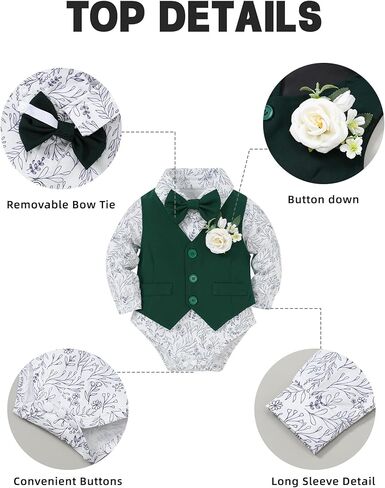 Coco&RARA Baby Boy Clothes Suits Infant Tuxedo Gentleman Outfits, Formal Dress Shirt+Vest+Corsage+tie+Pants Baby Suit Sets in Kuwait