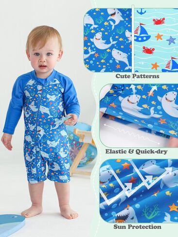 2 Pack Baby Toddler Boys Swimsuits UPF 50+ Sun Protection Long-Sleeve Rash Guards Baby Dry Fit Bathing Suit with Zip in Kuwait