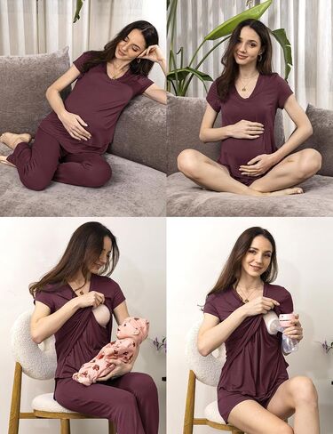 SUNNYBUY 3 PCS Maternity Breastfeeding Pajamas Set, Hidden Nursing Tops, Adjustable Pregnancy Shorts & Pants Postpartum PJS in Saudi Arabia