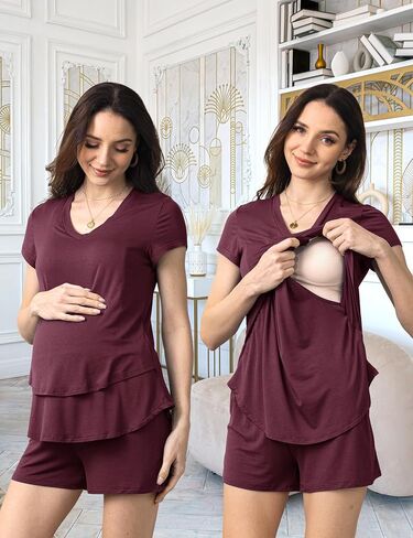 SUNNYBUY 3 PCS Maternity Breastfeeding Pajamas Set, Hidden Nursing Tops, Adjustable Pregnancy Shorts & Pants Postpartum PJS in Saudi Arabia