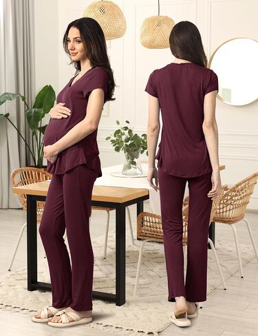 SUNNYBUY 3 PCS Maternity Breastfeeding Pajamas Set, Hidden Nursing Tops, Adjustable Pregnancy Shorts & Pants Postpartum PJS in Saudi Arabia