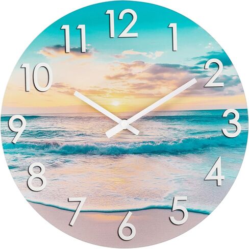 Rustic Wall Clock 12 Inch Silent Non-Ticking Battery Operated, Coastal Beach Clock for Bathroom Kitchen Living Room Bedroom,Seashell Theme,Blue (Glass) in Kuwait