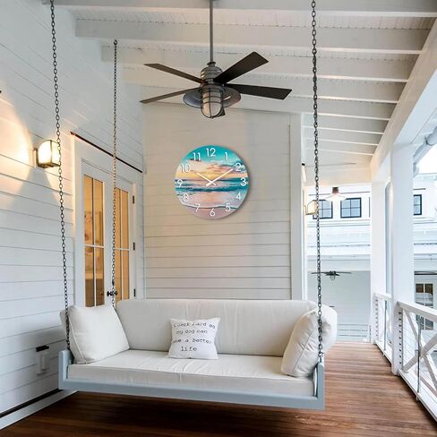 Rustic Wall Clock 12 Inch Silent Non-Ticking Battery Operated, Coastal Beach Clock for Bathroom Kitchen Living Room Bedroom,Seashell Theme,Blue (Glass) in Kuwait