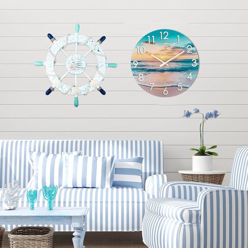 Rustic Wall Clock 12 Inch Silent Non-Ticking Battery Operated, Coastal Beach Clock for Bathroom Kitchen Living Room Bedroom,Seashell Theme,Blue (Glass) in Kuwait