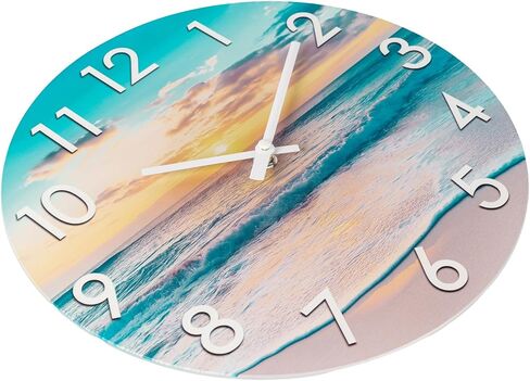 Rustic Wall Clock 12 Inch Silent Non-Ticking Battery Operated, Coastal Beach Clock for Bathroom Kitchen Living Room Bedroom,Seashell Theme,Blue (Glass) in Kuwait