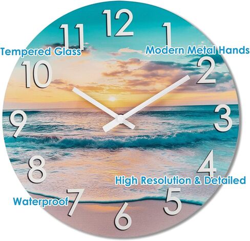 Rustic Wall Clock 12 Inch Silent Non-Ticking Battery Operated, Coastal Beach Clock for Bathroom Kitchen Living Room Bedroom,Seashell Theme,Blue (Glass) in Kuwait