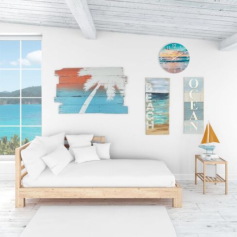 Rustic Wall Clock 12 Inch Silent Non-Ticking Battery Operated, Coastal Beach Clock for Bathroom Kitchen Living Room Bedroom,Seashell Theme,Blue (Glass) in Kuwait