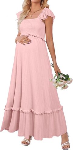 OUGES Womens 2026 Summer Maternity Photoshoot Dress Boho Maxi Smocked Baby Shower Dress Ruffle Sleeve Maternity Clothes in Kuwait