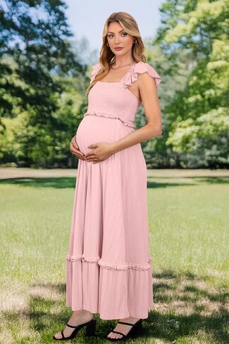 OUGES Womens 2026 Summer Maternity Photoshoot Dress Boho Maxi Smocked Baby Shower Dress Ruffle Sleeve Maternity Clothes in Kuwait
