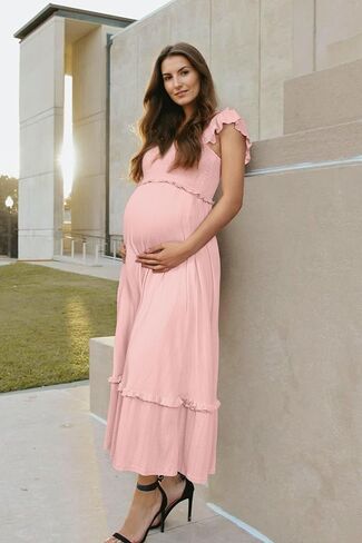 OUGES Womens 2026 Summer Maternity Photoshoot Dress Boho Maxi Smocked Baby Shower Dress Ruffle Sleeve Maternity Clothes in Kuwait