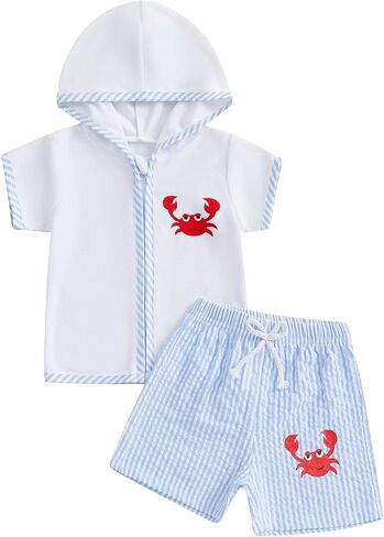 Toddler Baby Boy Girl Swimsuit Cover Up Towel Hooded Zip Swim Tops Striped/Plaid Seersucker Shorts Set Beach Coverup in Saudi Arabia