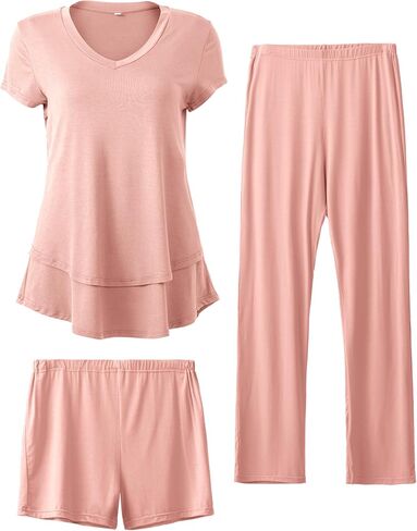 SUNNYBUY 3 PCS Maternity Breastfeeding Pajamas Set, Hidden Nursing Tops, Adjustable Pregnancy Shorts & Pants Postpartum PJS in Saudi Arabia