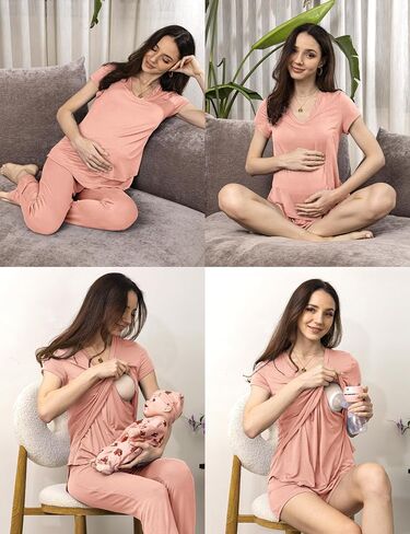 SUNNYBUY 3 PCS Maternity Breastfeeding Pajamas Set, Hidden Nursing Tops, Adjustable Pregnancy Shorts & Pants Postpartum PJS in Saudi Arabia