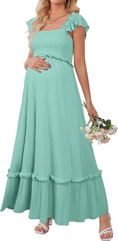OUGES Womens 2026 Summer Maternity Photoshoot Dress Boho Maxi Smocked Baby Shower Dress Ruffle Sleeve Maternity Clothes in Kuwait