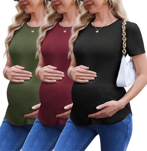 Ekouaer 3 Pack Women Soft Maternity Shirts Ribbed Knit Pregnancy Tops Curved Hem Postpartum Tees Short Sleeve Pregnant Tshirt in Saudi Arabia