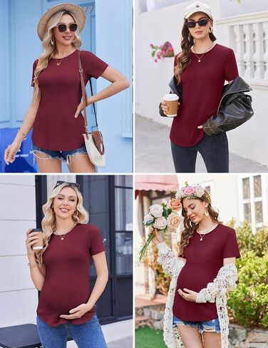 Ekouaer 3 Pack Women Soft Maternity Shirts Ribbed Knit Pregnancy Tops Curved Hem Postpartum Tees Short Sleeve Pregnant Tshirt in Saudi Arabia