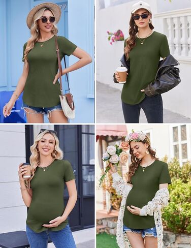 Ekouaer 3 Pack Women Soft Maternity Shirts Ribbed Knit Pregnancy Tops Curved Hem Postpartum Tees Short Sleeve Pregnant Tshirt in Saudi Arabia