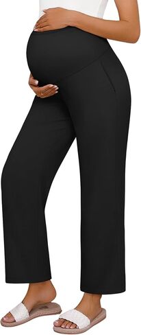 Huukeay Women's Cotton Linen Maternity Pants, High Waisted Lounge Pregnancy Pants Over The Belly Trousers with Pockets in Saudi Arabia