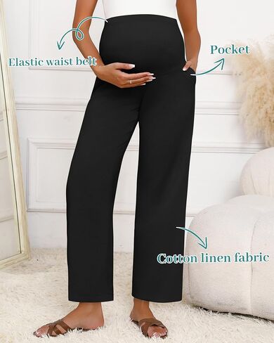 Huukeay Women's Cotton Linen Maternity Pants, High Waisted Lounge Pregnancy Pants Over The Belly Trousers with Pockets in Saudi Arabia