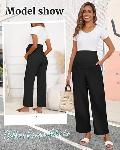 Huukeay Women's Cotton Linen Maternity Pants, High Waisted Lounge Pregnancy Pants Over The Belly Trousers with Pockets in Saudi Arabia