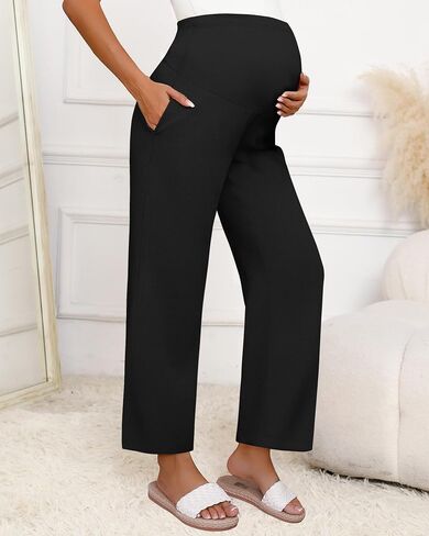 Huukeay Women's Cotton Linen Maternity Pants, High Waisted Lounge Pregnancy Pants Over The Belly Trousers with Pockets in Saudi Arabia