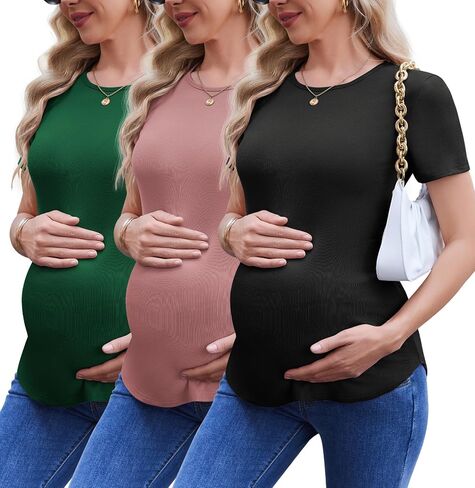 Ekouaer 3 Pack Women Soft Maternity Shirts Ribbed Knit Pregnancy Tops Curved Hem Postpartum Tees Short Sleeve Pregnant Tshirt in Saudi Arabia