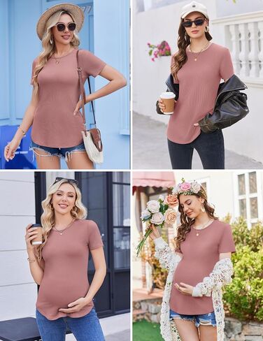 Ekouaer 3 Pack Women Soft Maternity Shirts Ribbed Knit Pregnancy Tops Curved Hem Postpartum Tees Short Sleeve Pregnant Tshirt in Saudi Arabia