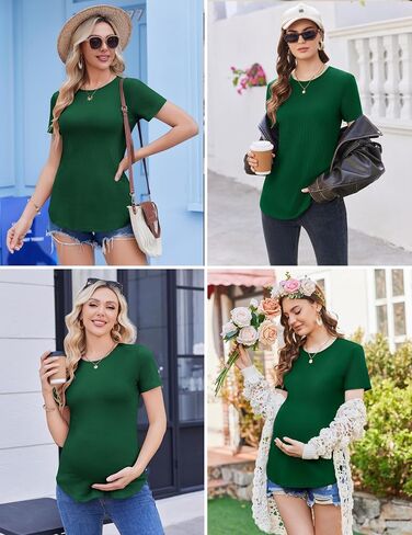 Ekouaer 3 Pack Women Soft Maternity Shirts Ribbed Knit Pregnancy Tops Curved Hem Postpartum Tees Short Sleeve Pregnant Tshirt in Saudi Arabia