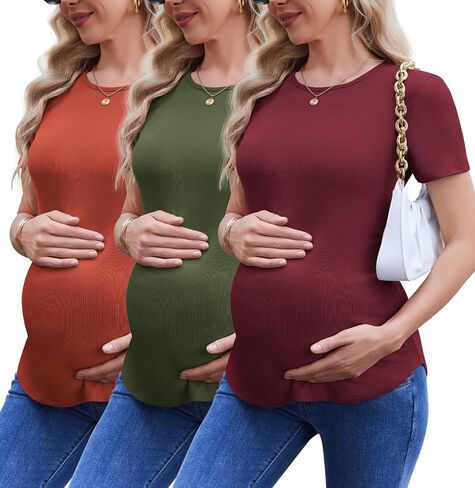 Ekouaer 3 Pack Women Soft Maternity Shirts Ribbed Knit Pregnancy Tops Curved Hem Postpartum Tees Short Sleeve Pregnant Tshirt in Saudi Arabia